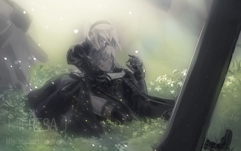 1boy 1girl black_footwear black_gloves black_hairband black_legwear closed_eyes elycis english_text flower gloves hairband holding_hands hug light_rays lying nier_(series) nier_automata outdoors planted planted_sword planted_weapon puffy_sleeves short_hair sitting sword turtleneck weapon white_flower white_hair