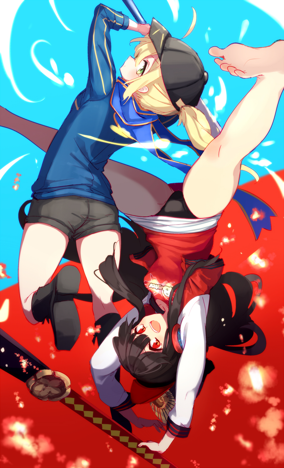 2girls ahoge artoria_pendragon_(all) ass back bangs barefoot baseball_cap black_hair black_headwear black_panties black_shorts blue_background blue_jacket blue_scarf blush breasts buster_shirt fate/grand_order fate_(series) feet green_eyes guitar hair_through_headwear handstand hat headphones headphones_around_neck highres himitsucalibur holding holding_sword holding_weapon instrument jacket kodamari legs letterman_jacket long_hair long_sleeves looking_at_viewer medium_breasts miniskirt multiple_girls mysterious_heroine_x oda_nobunaga_(fate)_(all) oda_nobunaga_(swimsuit_berserker)_(fate) open_clothes open_jacket open_mouth oversized_object panties red_background red_eyes red_shirt rojiura_satsuki:_chapter_heroine_sanctuary scarf shirt shorts skirt small_breasts smile sword toes track_jacket two-tone_background underwear weapon white_skirt