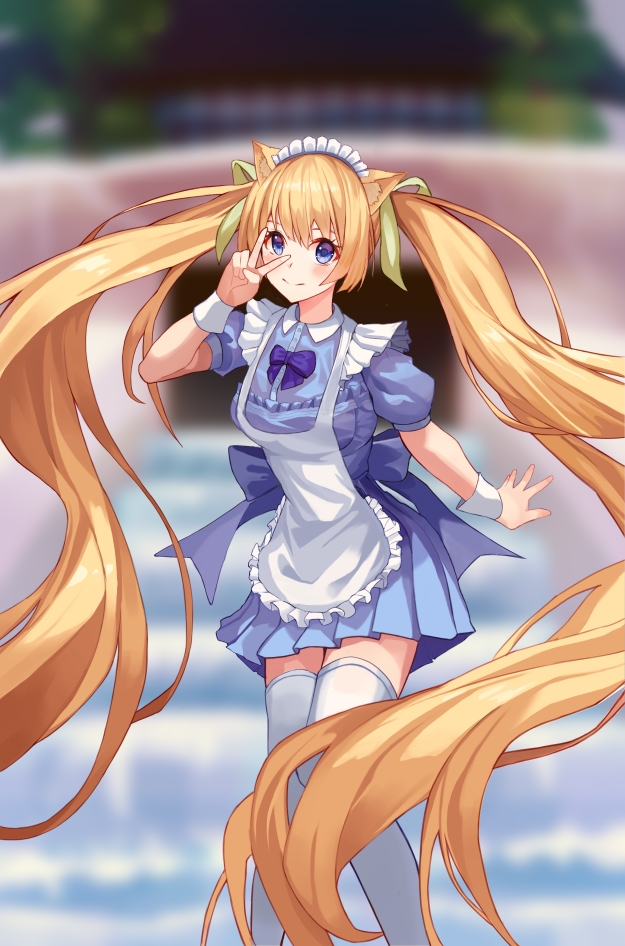 1girl absurdly_long_hair animal_ears apron blonde_hair blue_bow blue_eyes blurry blurry_background blush bow breasts cat_ears closed_mouth eyebrows_visible_through_hair long_hair looking_at_viewer maid maid_apron maid_headdress medium_breasts original puffy_short_sleeves puffy_sleeves seemu_(wnslqjdignv_) short_sleeves smile solo thigh-highs twintails v v_over_eye very_long_hair white_legwear wrist_cuffs