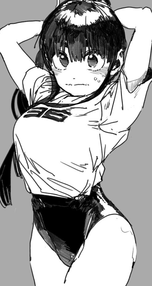 1girl arms_up bangs black_hair blush commentary_request copyright_request cowboy_shot embarrassed leotard long_hair looking_at_viewer midriff monochrome petosu_(sunoco) ponytail shirt simple_background solo sweat t-shirt thick_eyebrows very_long_hair