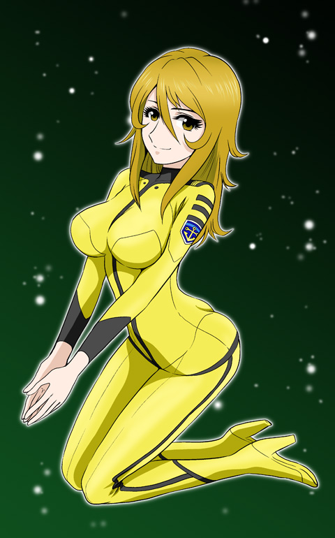 1girl blonde_hair bodysuit breasts brown_eyes closed_mouth long_hair looking_at_viewer military military_uniform mori_yuki skin_tight smile solo uchuu_senkan_yamato uchuu_senkan_yamato_2199 uniform yagisawa_keiichi yellow_bodysuit