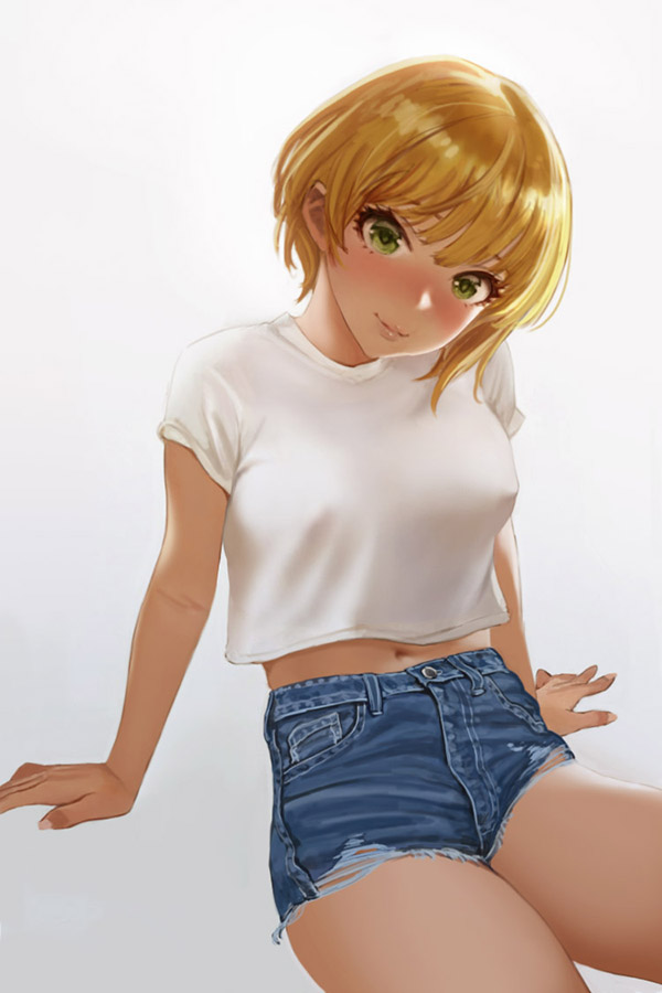 1girl arm_support bangs blonde_hair blue_shorts blush breasts covered_nipples denim denim_shorts green_eyes hamedoragon head_tilt idolmaster idolmaster_cinderella_girls looking_at_viewer medium_breasts miyamoto_frederica nail_polish navel shirt short_hair short_sleeves shorts simple_background sitting smile solo thighs white_background white_shirt