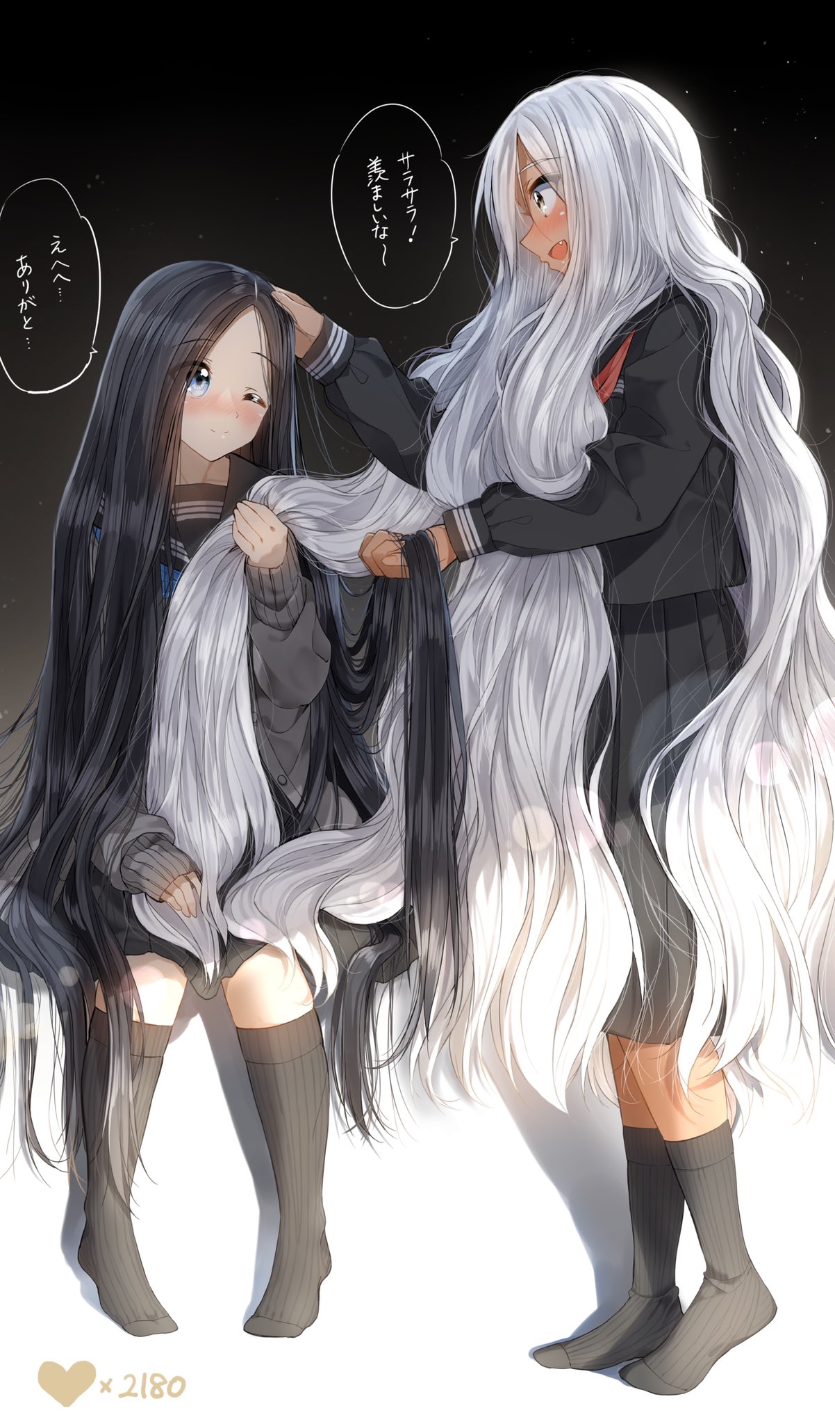 2girls :d ;) bangs big_hair black_hair black_legwear black_sailor_collar black_serafuku black_shirt black_skirt blue_eyes blue_neckwear blush brown_eyes cardigan closed_mouth commentary_request dark_skin eye_contact fang grey_cardigan hand_on_another's_head heart highres holding holding_hair kneehighs long_sleeves looking_at_another multiple_girls no_shoes one_eye_closed open_cardigan open_clothes open_mouth original parted_bangs pentagon_(railgun_ky1206) pigeon-toed pleated_skirt profile puffy_long_sleeves puffy_sleeves red_neckwear ribbed_legwear sailor_collar school_uniform serafuku shirt silver_hair sitting skirt sleeves_past_wrists smile socks standing translation_request