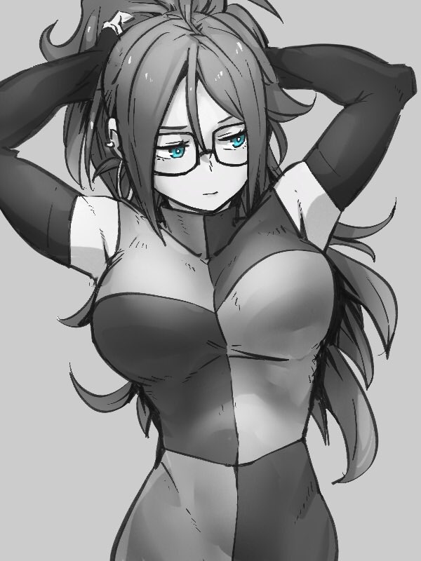 1girl adjusting_hair android_21 armpits blue_eyes breasts checkered checkered_dress closed_mouth detached_sleeves dragon_ball dragon_ball_fighterz dress glasses grey_background greyscale hands_up kemachiku large_breasts long_hair looking_to_the_side monochrome ponytail simple_background solo