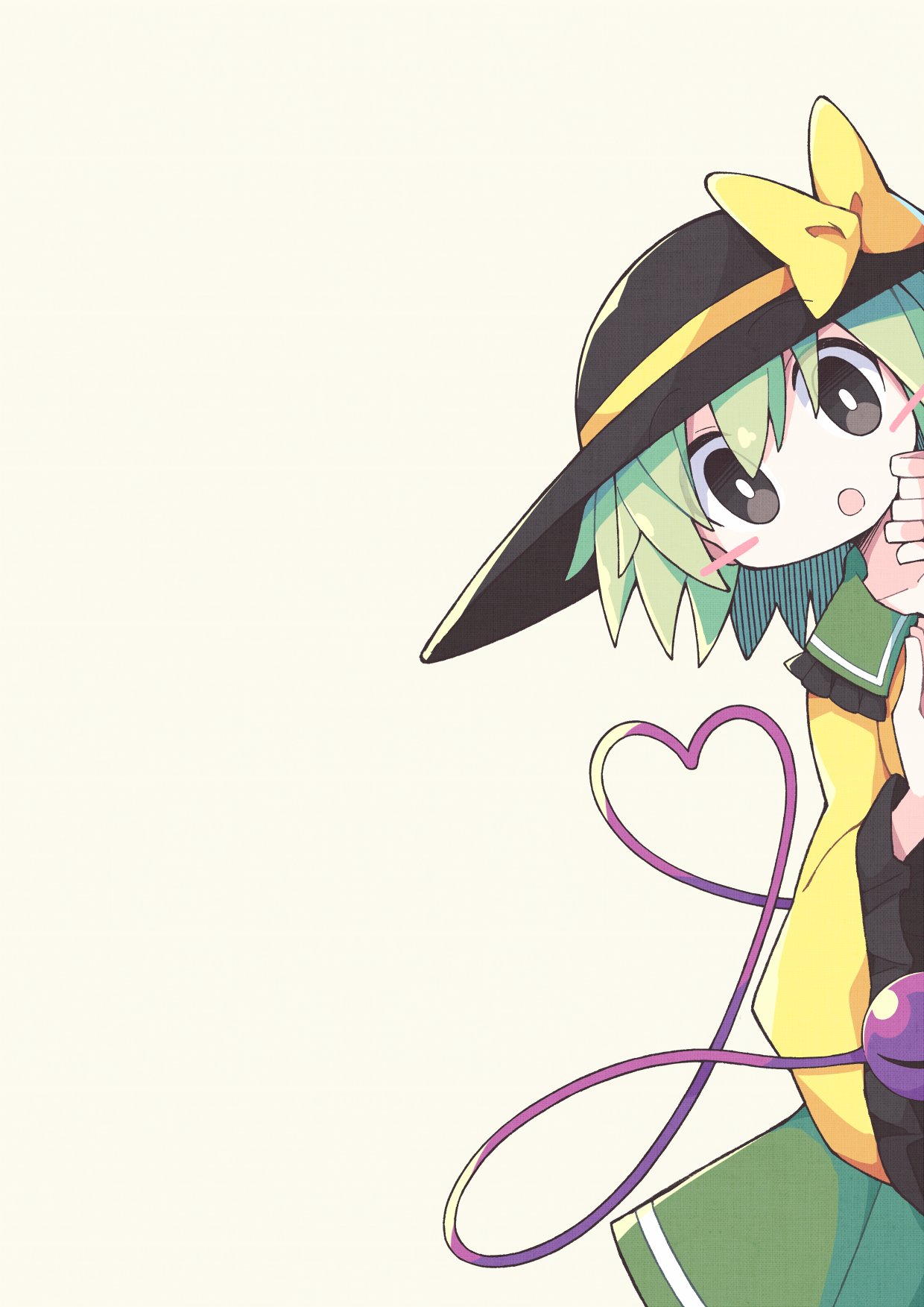 1girl asameshi black_eyes black_headwear blush_stickers bow commentary cowboy_shot green_hair green_skirt hat hat_bow heart heart_of_string highres komeiji_koishi long_sleeves looking_at_viewer open_mouth peeking_out shirt short_hair skirt solo third_eye touhou wide_sleeves yellow_bow yellow_shirt