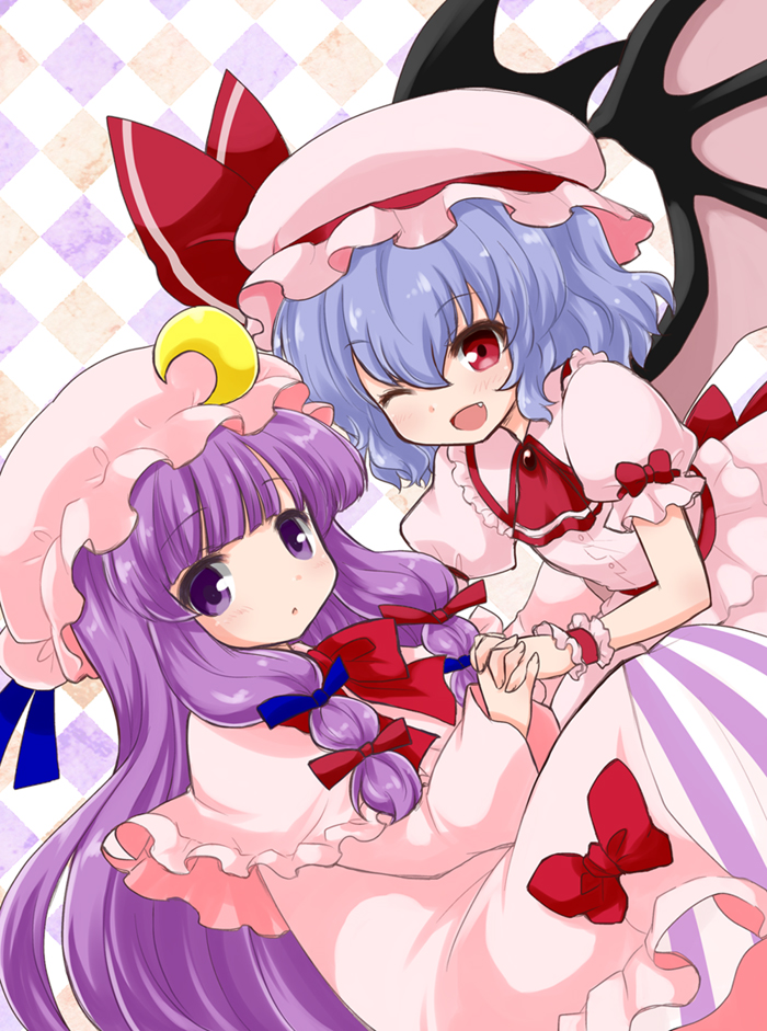 2girls :o bangs bat_wings blouse blue_hair blunt_bangs brooch capelet checkered checkered_background commentary_request cravat crescent crescent_hair_ornament double_bun dress dutch_angle eyebrows_visible_through_hair fang hair_between_eyes hair_ornament hair_ribbon hat hat_ribbon holding_hands interlocked_fingers jewelry long_hair looking_at_viewer mob_cap multiple_girls one_eye_closed open_mouth partial_commentary patchouli_knowledge pink_blouse pink_capelet pink_headwear pink_robe pink_skirt puffy_short_sleeves puffy_sleeves purple_hair red_eyes red_neckwear remilia_scarlet ribbon rikaon robe short_hair short_sleeves sidelocks sitting skirt skirt_set striped touhou tress_ribbon vertical-striped_dress vertical_stripes very_long_hair wings wrist_cuffs