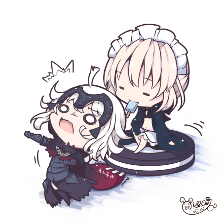 2girls ahoge artoria_pendragon_(all) artoria_pendragon_(swimsuit_rider_alter) beni_shake bikini blonde_hair chibi eyebrows_visible_through_hair fate_(series) food headpiece jeanne_d'arc_(alter)_(fate) jeanne_d'arc_(fate)_(all) lowres maid_bikini maid_headdress multiple_girls multiple_views navel o_o popsicle riding roomba short_hair sitting swimsuit vacuum_cleaner wavy_mouth