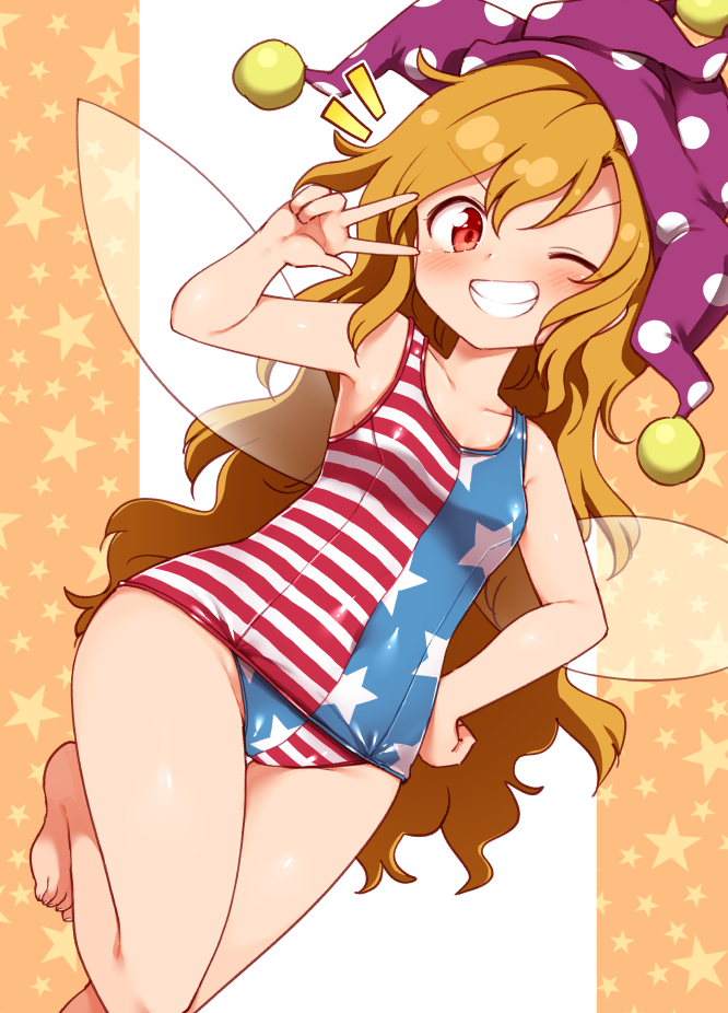 1girl ;d american_flag blonde_hair blue_swimsuit blush breasts clownpiece covered_navel fairy_wings grin harusame_(unmei_no_ikasumi) hat jester_cap long_hair looking_at_viewer one-piece_swimsuit one_eye_closed open_mouth orange_background polka_dot purple_headwear red_eyes red_swimsuit small_breasts smile solo star star_print starry_background swimsuit touhou transparent_wings two-tone_background v white_background wide_hips wings