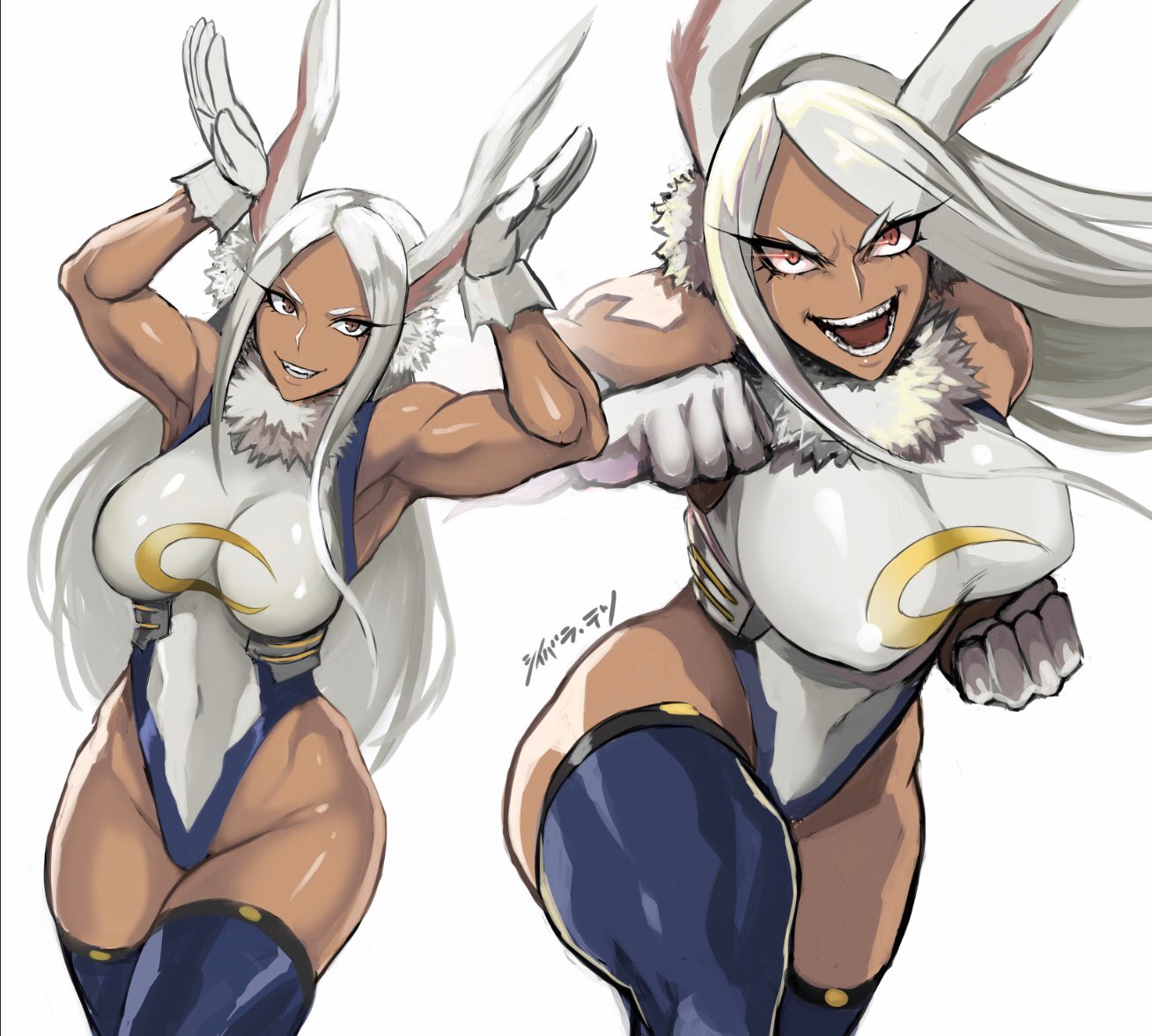 1girl animal_ears armpits bare_shoulders boku_no_hero_academia breasts brown_eyes dark_skin fangs glaring gloves highleg highleg_leotard large_breasts leotard long_hair looking_at_viewer mirko multiple_views muscle muscular_female open_mouth rabbit_ears shibusun simple_background smile solo thick_thighs thigh-highs thighs white_background white_leotard