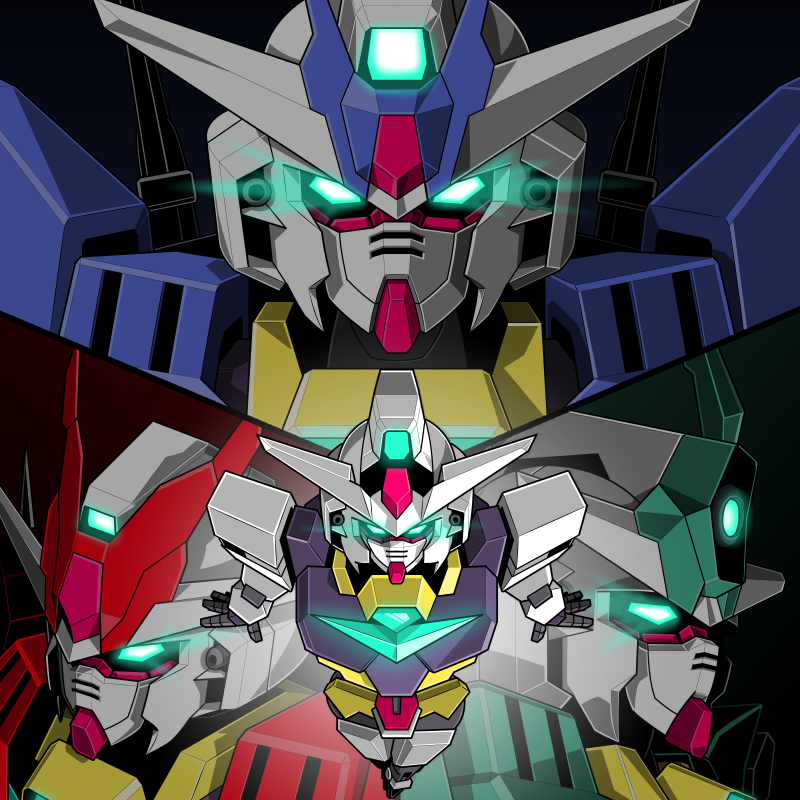 camera core_gundam earthree_gundam glowing glowing_eyes green_eyes gundam gundam_build_divers gundam_build_divers_re:rise looking_at_viewer looking_to_the_side marsfour_gundam mecha no_humans robot split_screen v-fin veetwo_gundam xiphias_(mmi-m15e)