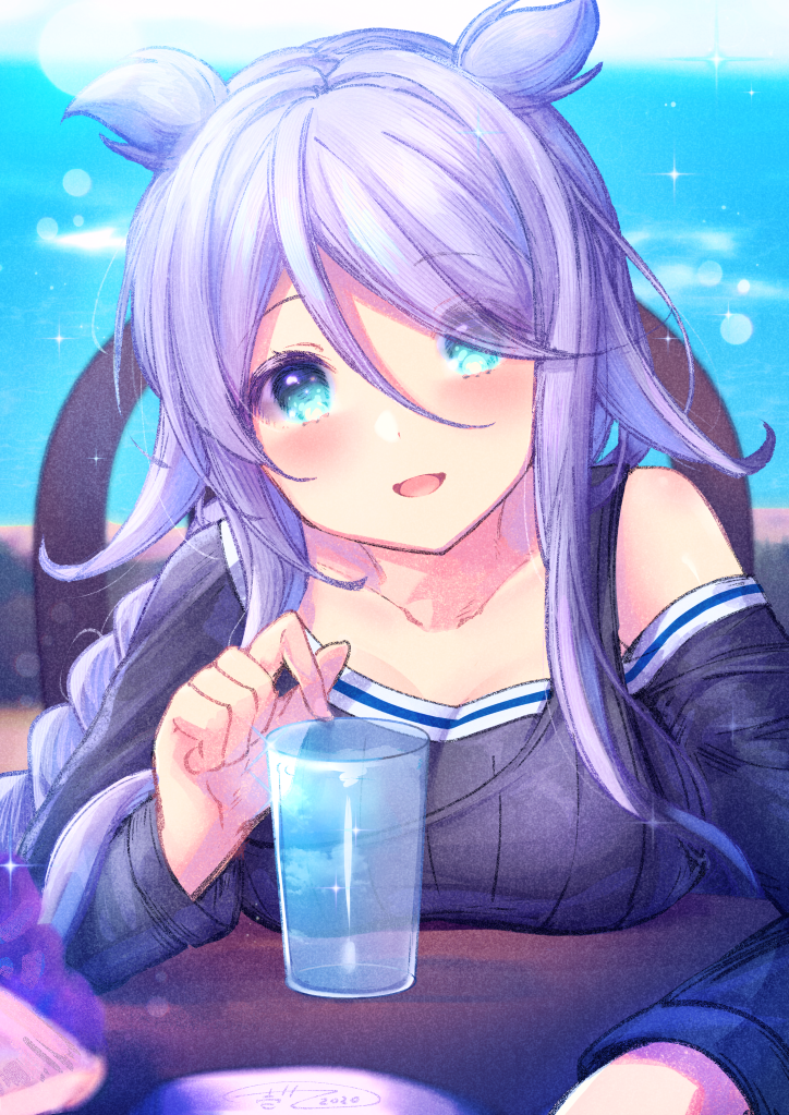 1girl :d blue_eyes blush braid breasts collarbone cup drinking_glass eyebrows_visible_through_hair eyes_visible_through_hair hair_flaps ittokyu kantai_collection large_breasts long_hair long_sleeves looking_at_viewer open_mouth remodel_(kantai_collection) signature silver_hair single_braid smile solo umikaze_(kantai_collection) very_long_hair