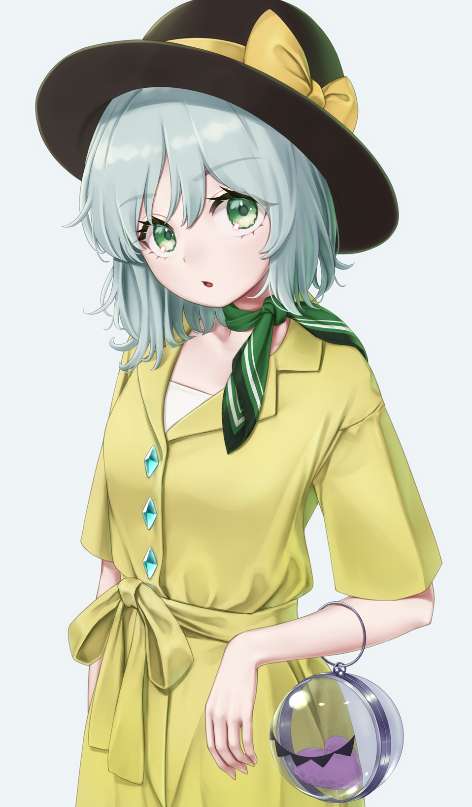 1girl adapted_costume bangs black_headwear bow casual coat commentary_request contemporary eyebrows_visible_through_hair green_eyes green_hair green_neckwear grey_background hair_between_eyes hat hat_bow head_tilt highres komeiji_koishi looking_at_viewer neckerchief parted_lips sash short_hair short_sleeves simple_background solo torinari_(dtvisu) touhou upper_body yellow_bow yellow_coat yellow_sash