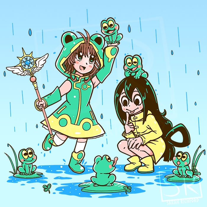 1girl asui_tsuyu boku_no_hero_academia cardcaptor_sakura clear_card colorful costume crossover frog frog_girl full_body kinomoto_sakura sarahrichford simple_background