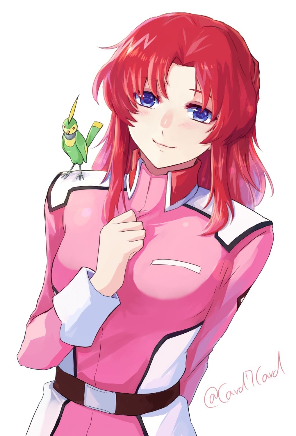 1girl animal_on_shoulder arms_behind_back bird bird_on_shoulder blue_eyes closed_mouth flay_allster gundam gundam_seed hair_intakes highres long_hair long_sleeves looking_at_viewer military military_uniform redhead shiny shiny_hair simple_background smile solo standing torii_(gundam) twitter_username uniform upper_body white_background yuuka_seisen