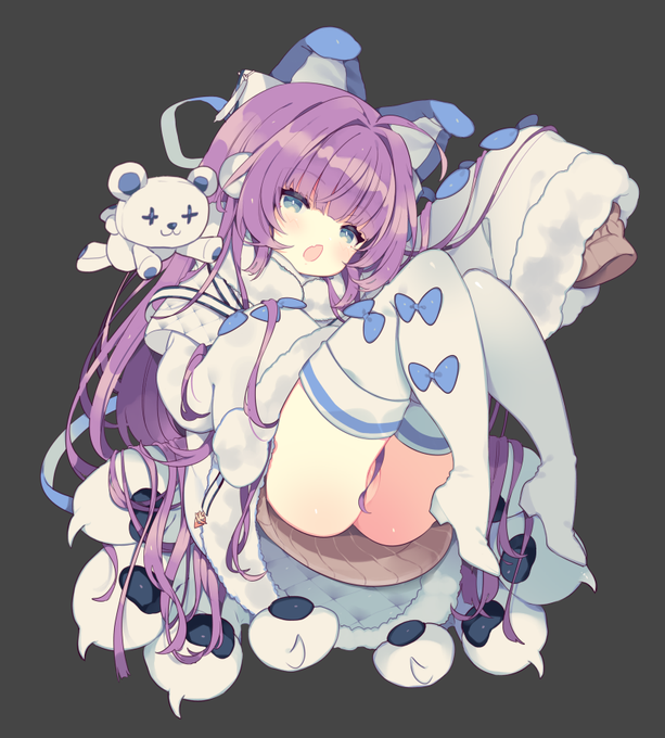 1girl animal_ears azur_lane bear black_background blue_eyes blush brown_sweater coat dress earmuffs eyebrows_visible_through_hair fake_animal_ears fur-trimmed_coat fur-trimmed_sleeves fur_trim hair_ornament hair_ribbon long_hair long_sleeves looking_at_viewer open_mouth peroppafu ponytail purple_hair ribbon simple_background sweater sweater_dress tashkent_(azur_lane) thigh-highs toy very_long_hair very_long_sleeves white_coat white_legwear winter_clothes