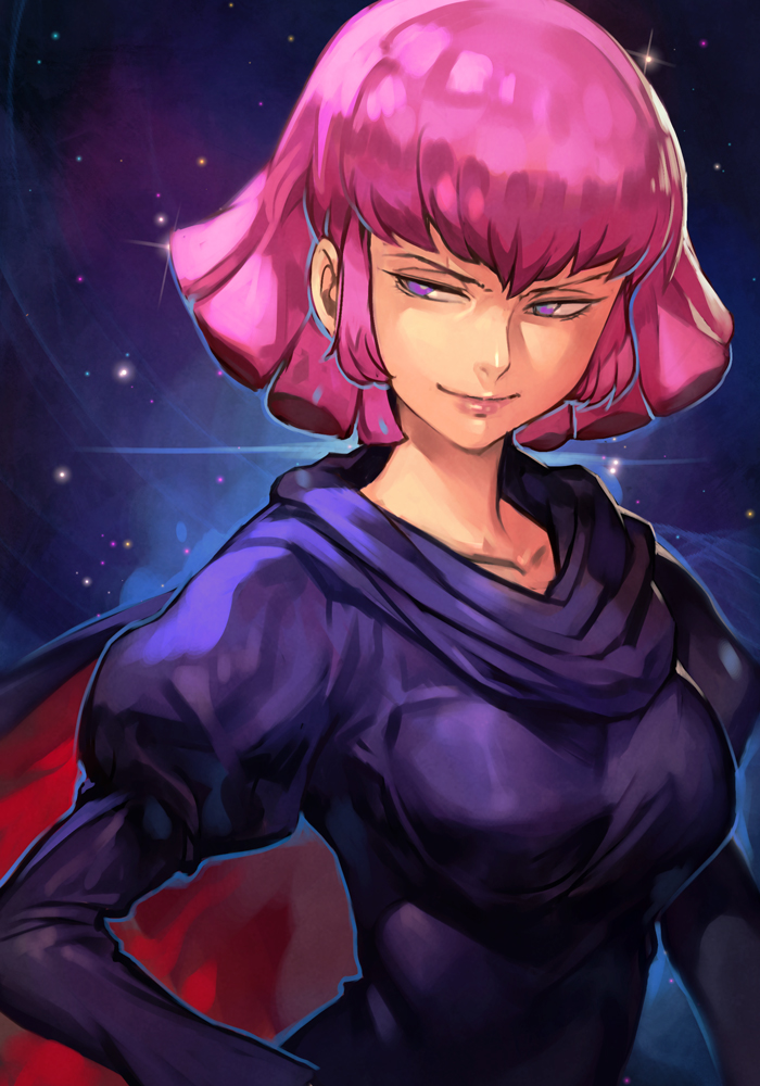 1girl breasts cloak closed_mouth collarbone dress gundam haman_karn hankuri juliet_sleeves lipstick long_sleeves looking_away makeup medium_breasts pink_hair pink_lips puffy_sleeves purple_cloak purple_dress short_hair sidelocks simple_background smile solo space upper_body violet_eyes zeta_gundam