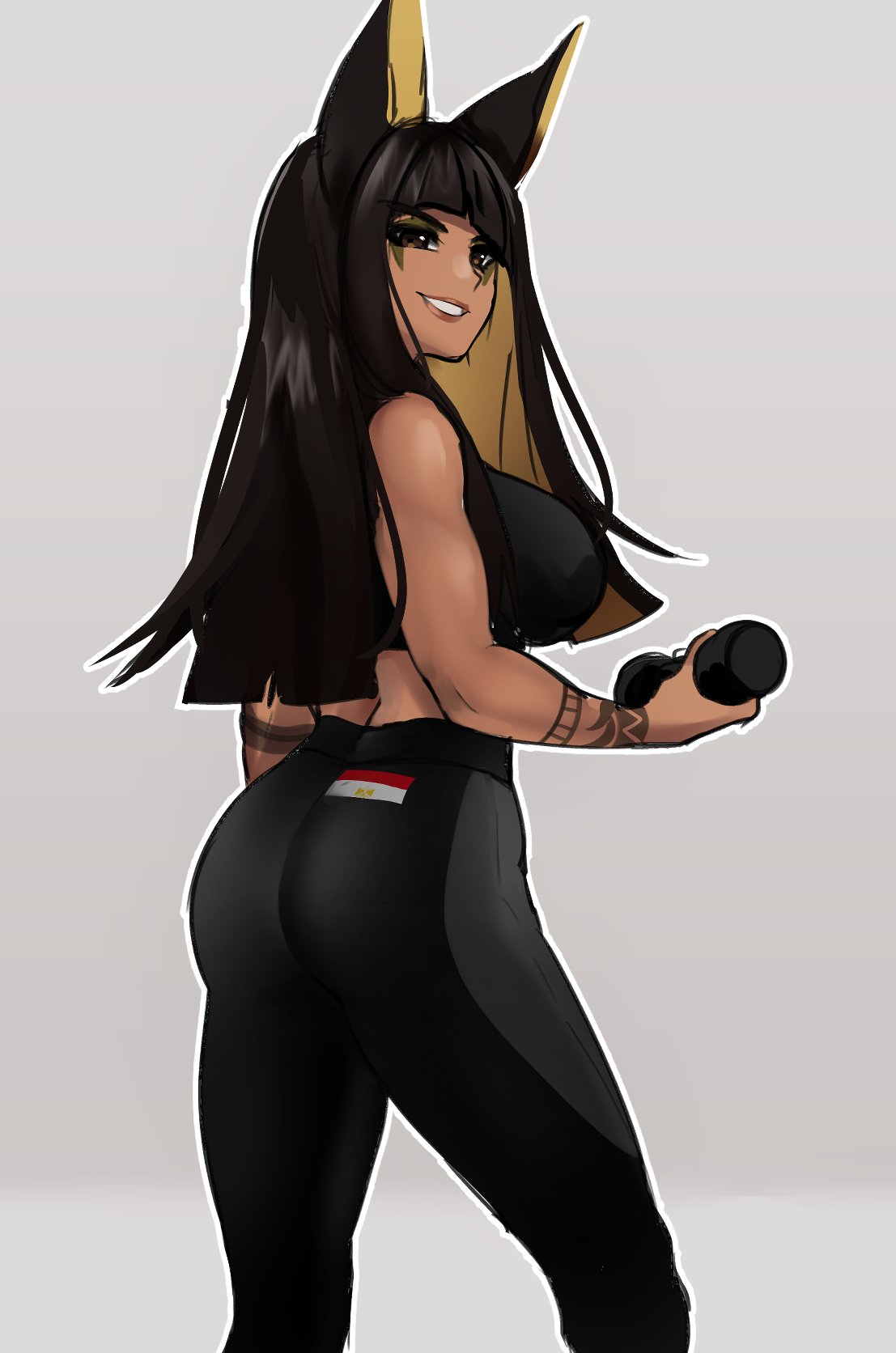 1girl animal_ears anput_(nsfwolf) arm_tattoo ass back bangs black_hair blonde_hair blunt_bangs blunt_ends dark_skin dumbbell goddess grey_background highres hime_cut jackal_ears long_hair looking_at_viewer nsfwolf original pants simple_background solo sports_bra tattoo weights yoga_pants