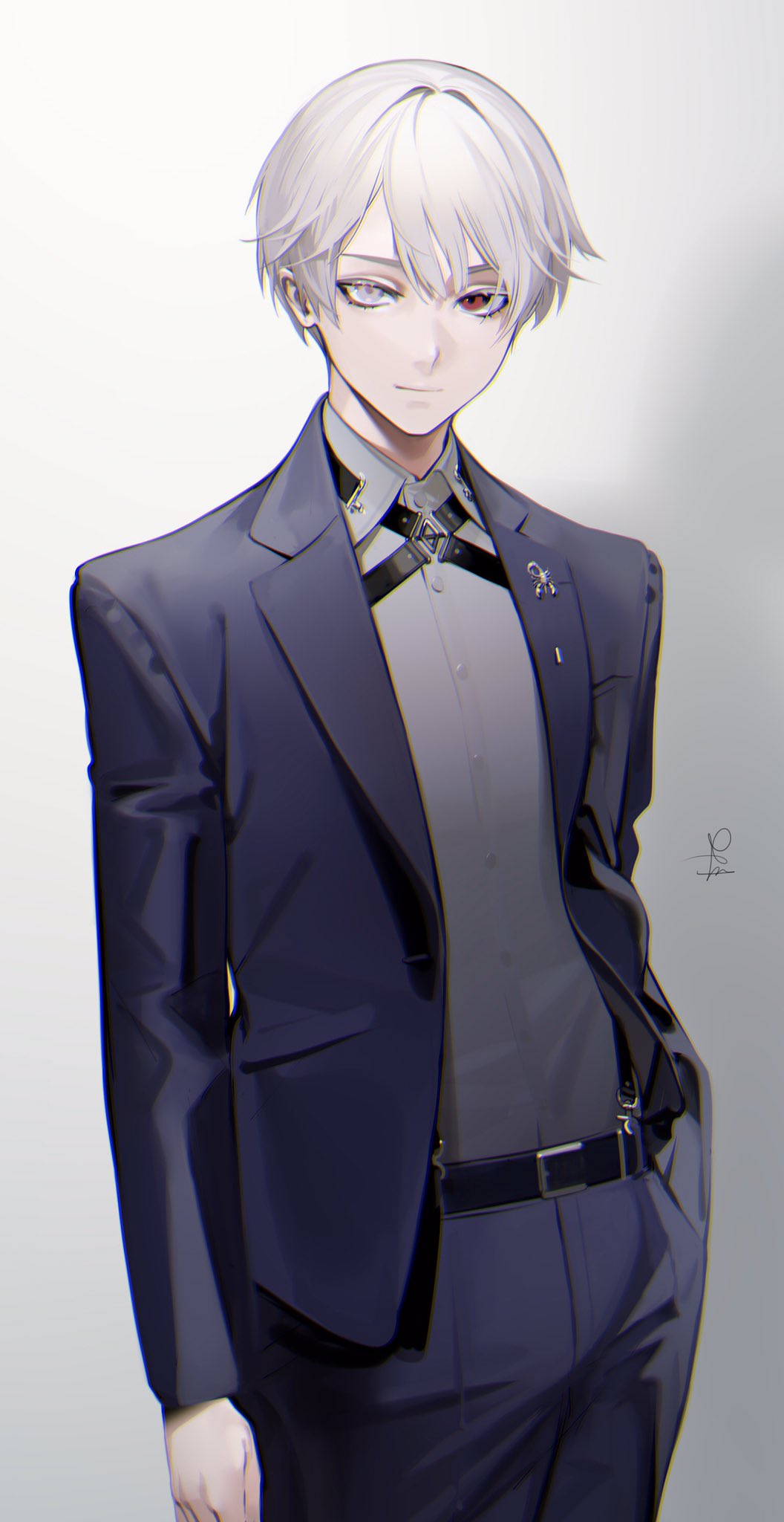 1boy bangs belt blazer collared_shirt formal hair_between_eyes hetero highres jacket looking_at_viewer male_focus ohisashiburi original red_eyes shirt signature simple_background solo suit white_eyes white_hair