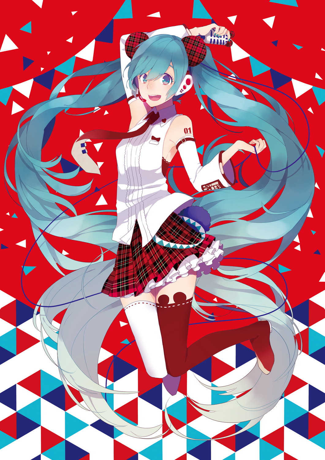 1girl :d aqua_eyes aqua_hair arm_up asymmetrical_legwear bare_shoulders boots breasts cable checkered checkered_skirt detached_sleeves hatsune_miku highres holding holding_microphone jumping long_hair microphone open_mouth pleated_skirt red_legwear red_skirt saine shirt skirt sleeveless sleeveless_shirt small_breasts smile solo thigh-highs thigh_boots twintails very_long_hair vocaloid white_legwear white_shirt white_sleeves