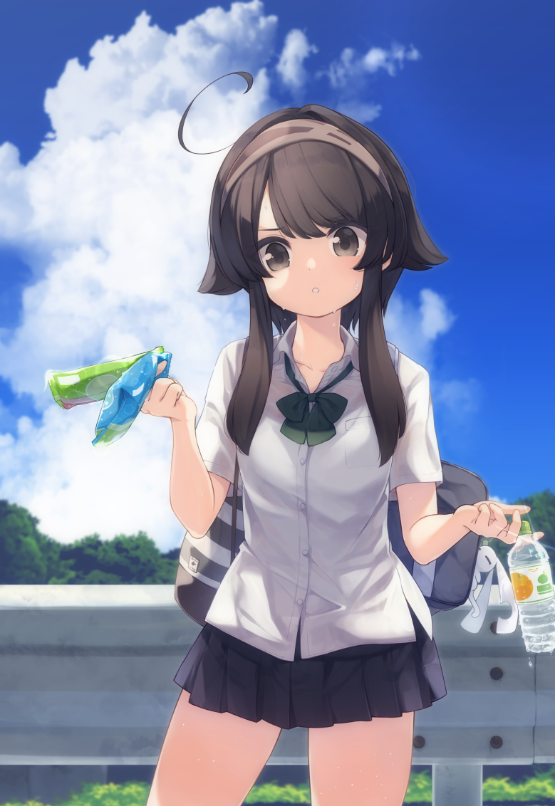 1girl :o ahoge bag bag_charm bangs black_hair black_skirt blue_sky bottle bow breasts brown_eyes brown_hairband charm_(object) clouds cloudy_sky collared_shirt commentary_request day dress_shirt eyebrows_visible_through_hair green_bow hair_flaps hairband holding holding_bottle long_hair natsuki_teru original outdoors parted_lips pleated_skirt railing school_bag shikibe_ayaka shirt short_sleeves sidelocks signature skirt sky small_breasts solo standing sweat white_shirt