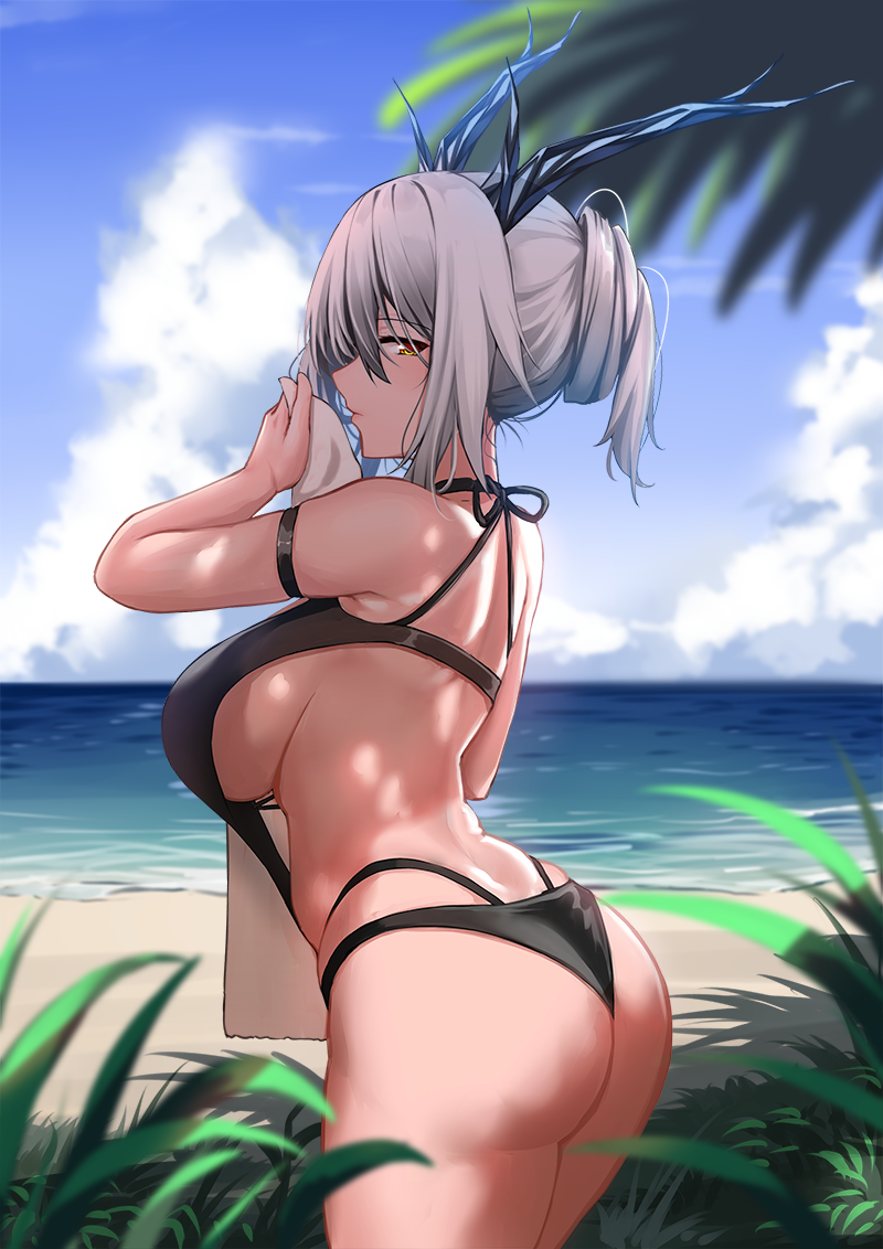 1girl arknights arm_strap ass bangs bare_arms bare_shoulders bikini bishi_(bishi) black_swimsuit blue_sky breasts clouds commentary_request cowboy_shot day from_behind hand_up horns hypergryph_(arknights) large_breasts looking_at_viewer looking_back multi-strapped_bikini ocean original outdoors plant profile short_hair silver_hair sky solo standing swimsuit thighs tied_hair water yellow_eyes