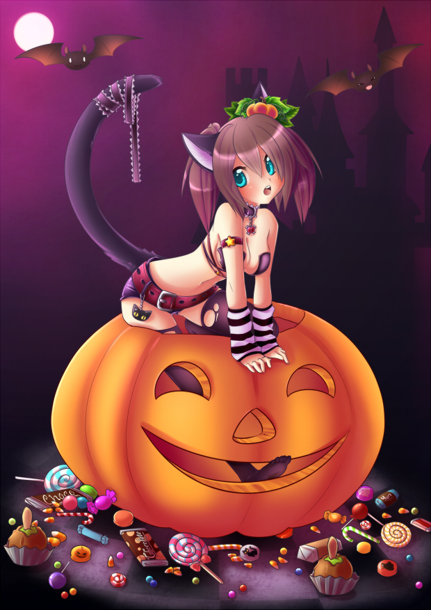 1girl animal_ears aqua_eyes bat black_legwear breasts brown_hair candy caramel castle cat_ears cat_tail chocolate food full_moon hair_ornament halloween jack-o'-lantern large_breasts lollipop looking_at_viewer medium_hair moon muffin navel night original otacool4 ribbon solo spazzykoneko star tail tail_ribbon twintails