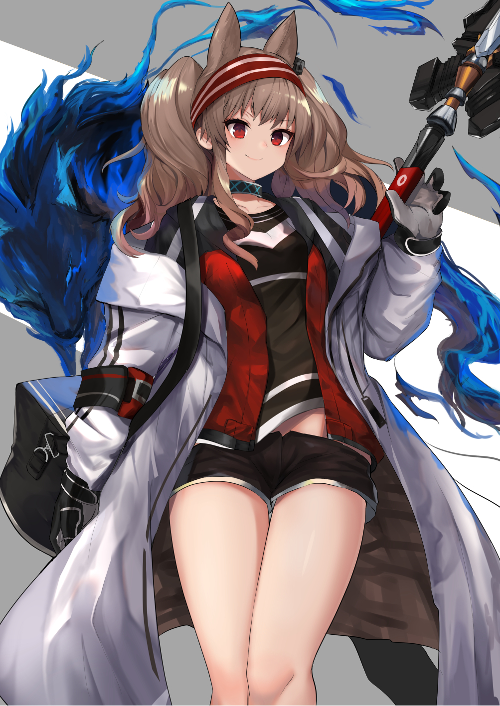 1girl angelina_(arknights) animal_ears arknights bag bangs black_shirt black_shorts brown_hair choker coat commentary_request cowboy_shot fox_ears gloves grey_background grey_coat haik hairband hand_up highres long_hair looking_at_viewer midriff_peek open_clothes open_coat originium_arts_(arknights) red_eyes red_hairband shirt short_shorts shorts smile solo staff standing thighs twintails