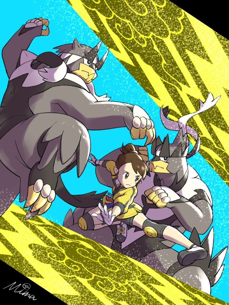 1girl black_eyes black_hair brown_eyes brown_hair claws closed_mouth commentary_request creature fighting_stance jumping kicking legendary_pokemon mixar0807 pokemon pokemon_(creature) pokemon_(game) pokemon_swsh signature tied_hair urshifu urshifu_(rapid) urshifu_(single) yuuri_(pokemon)