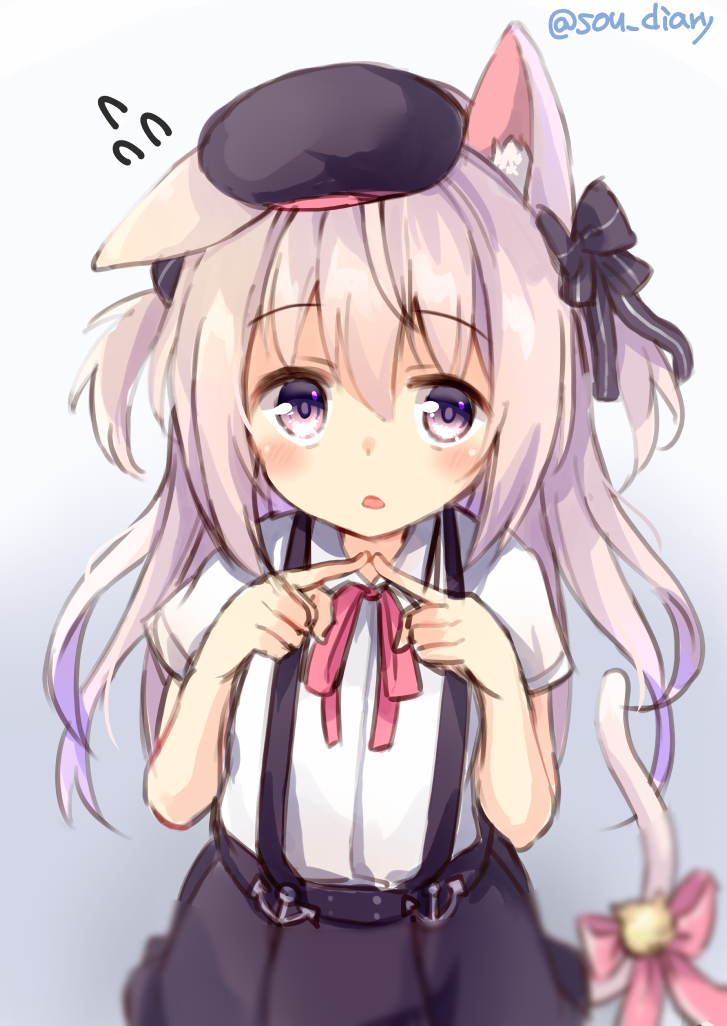 1girl animal_ear_fluff animal_ears azur_lane bell black_headwear black_skirt cat_ears cat_tail fingers_together hat jingle_bell kisaragi_(azur_lane) long_hair open_mouth pink_eyes pink_hair ribbon shirt short_sleeves skirt solo sou_(soutennkouchi) suspender_skirt suspenders tail tail_ornament tail_ribbon two_side_up upper_body white_shirt