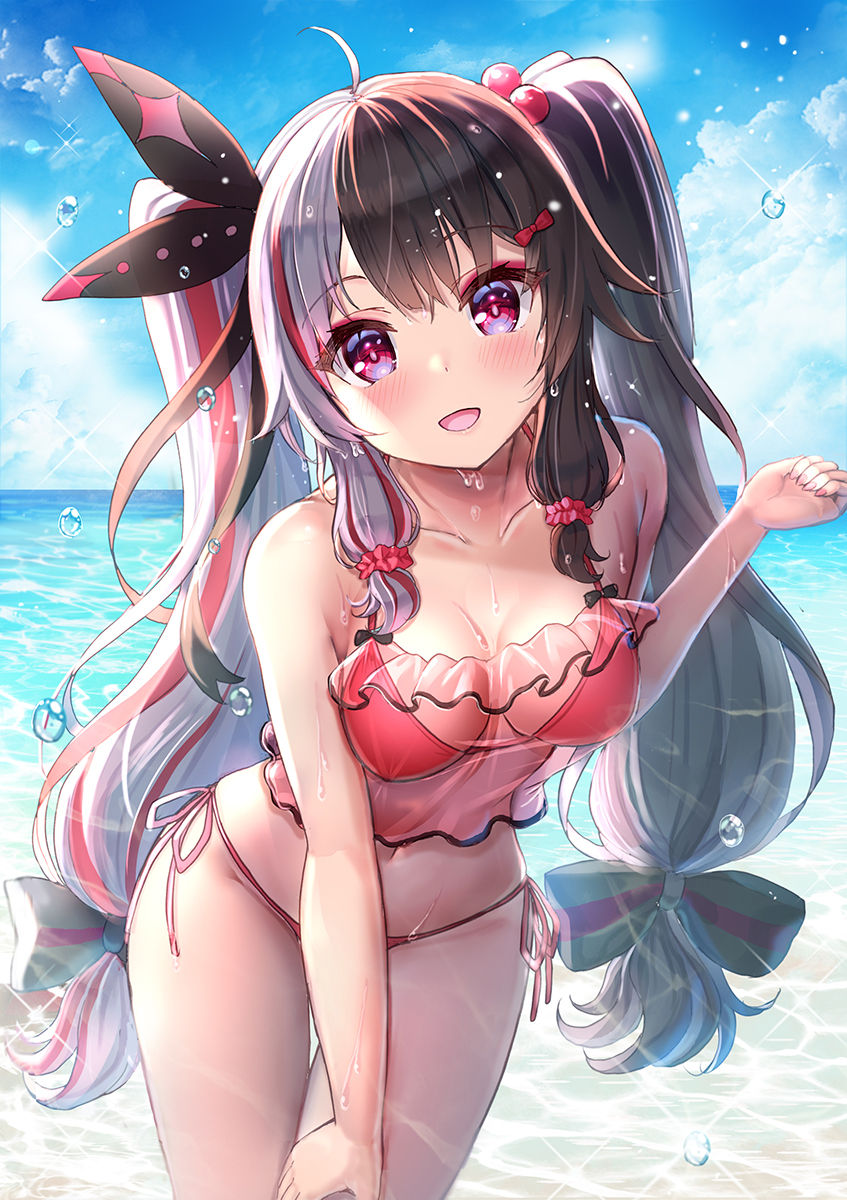 1girl ahoge akabane_(zebrasmise) bare_arms bare_shoulders bikini black_hair breasts collarbone cowboy_shot day hair_bobbles hair_ornament hair_ribbon highres long_hair looking_at_viewer medium_breasts multicolored_hair navel nijisanji ocean open_mouth outdoors red_bikini red_eyes ribbon see-through side-tie_bikini smile solo standing stomach streaked_hair string_bikini sunlight swimsuit thighs two-tone_hair very_long_hair virtual_youtuber water white_hair yorumi_rena