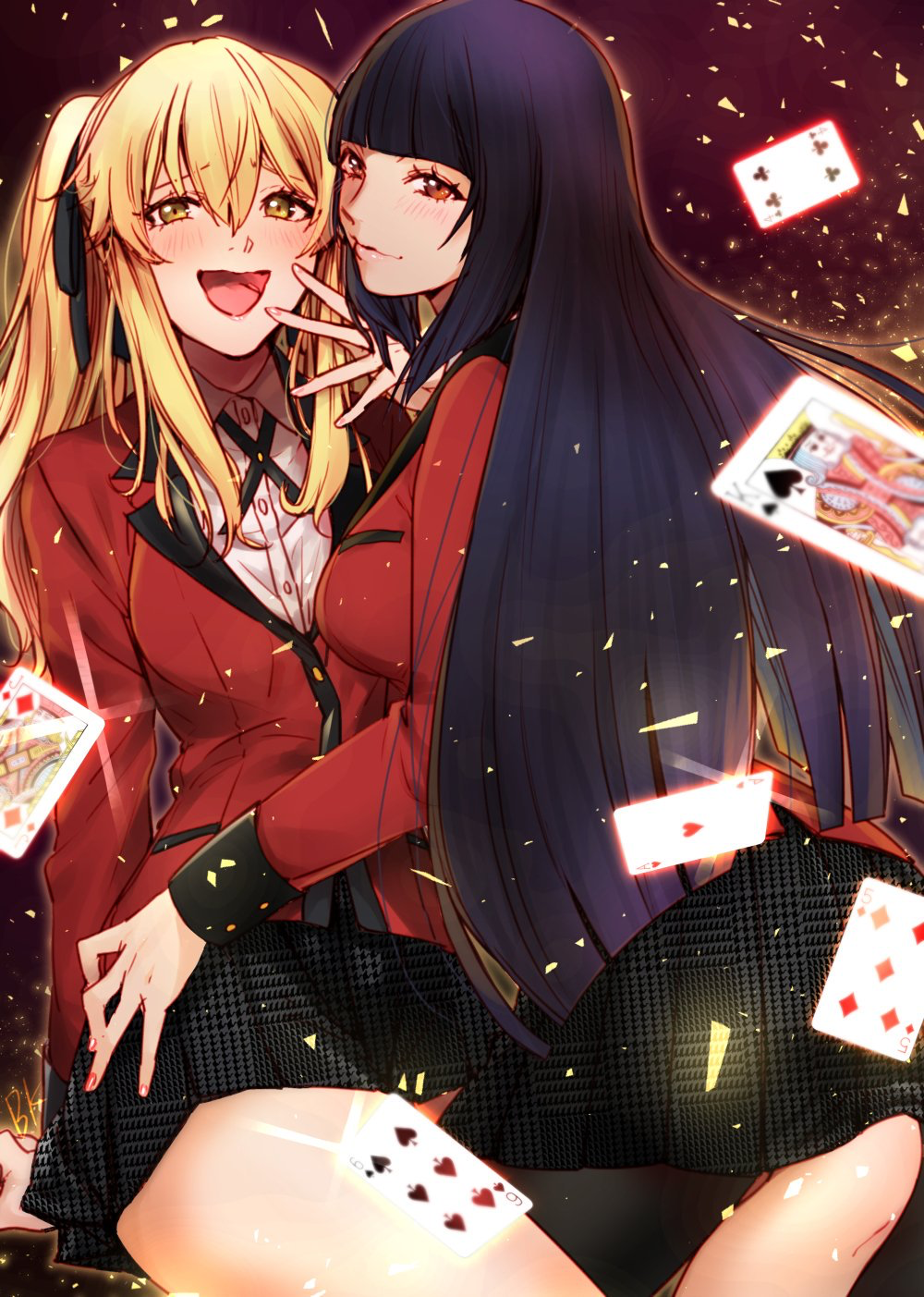 2girls artist_request bangs bare_legs black_hair black_legwear blonde_hair blunt_bangs card hair_ribbon highres hug jabami_yumeko kakegurui lips long_hair looking_at_viewer looking_back multiple_girls open_mouth pantyhose plaid plaid_skirt playing_card red_eyes ribbon saotome_meari school_uniform shirt skirt smile twintails yellow_eyes