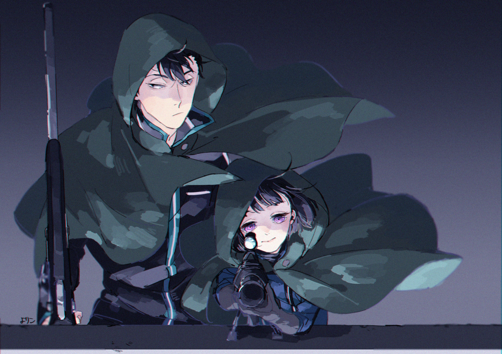 1boy 1girl aiming aiming_at_viewer amatori_chika bangs black_eyes black_hair blunt_bangs bob_cut cloak closed_mouth floating_hair frown gloves green_cloak grey_gloves gun hokari_atsushi holding holding_gun holding_weapon hood hood_up hooded_cloak light_smile long_sleeves rifle short_hair uniform upper_body violet_eyes weapon wind world_trigger yoriko_(gheyori)