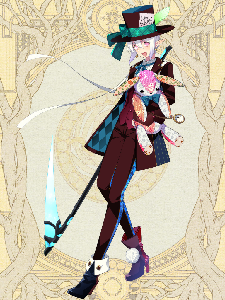 1boy :d black_headwear black_pants boots bow dairoku_youhei earrings elf formal full_body hair_between_eyes hat hat_bow hat_feather high_heel_boots high_heels holding holding_scythe holding_stuffed_animal jewelry l_(matador) male_focus open_mouth pants pocket_watch pointy_ears red_vest scythe simple_background smile solo standing stuffed_animal stuffed_bunny stuffed_toy suit vest watch white_hair yellow_background