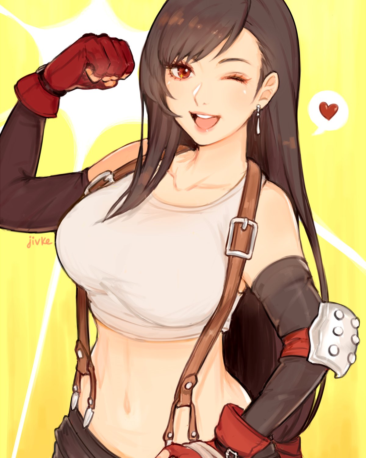 1girl asymmetrical_hair bangs black_hair blush breasts clenched_hand collarbone crop_top detached_sleeves earrings elbow_pads english_commentary eyelashes final_fantasy final_fantasy_vii fingerless_gloves flexing gloves highres jewelry jivke large_breasts long_hair looking_at_viewer midriff one_eye_closed open_mouth parted_bangs pose red_eyes red_gloves shiny shiny_hair shirt skirt smile solo speech_bubble suspender_skirt suspenders tank_top tifa_lockhart upper_body white_shirt yellow_background
