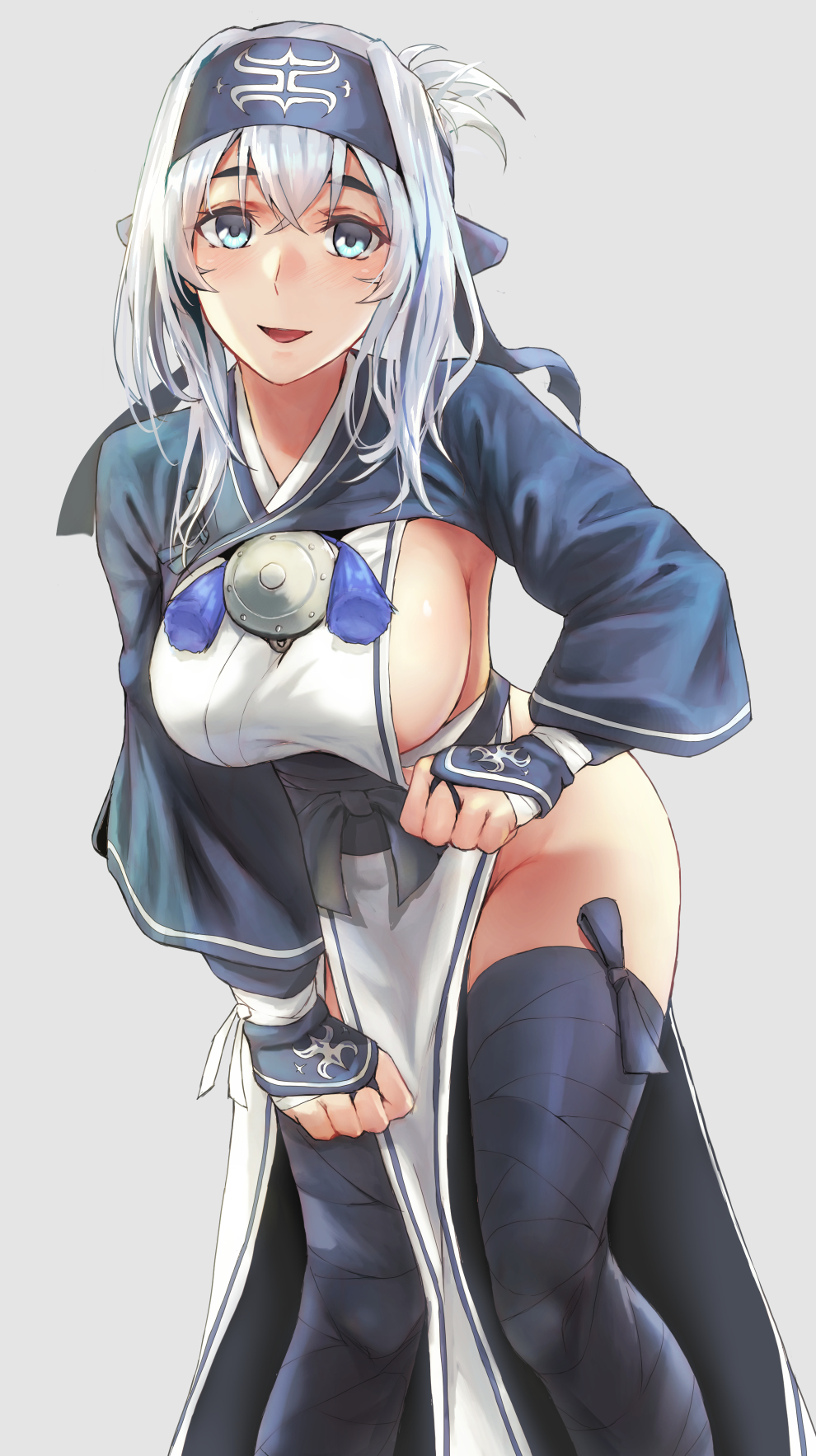 1girl ainu_clothes blue_eyes blue_headband breasts feet_out_of_frame folded_ponytail grey_background hair_between_eyes headband highres kamoi_(kantai_collection) kantai_collection kokuzou large_breasts long_hair open_mouth sideboob simple_background smile solo thick_eyebrows white_hair