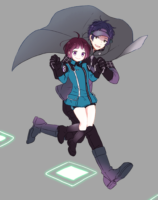 1boy 1girl ahoge amatori_chika bangs black_footwear black_gloves black_pants bob_cut boots cape closed_mouth fuko full_body gloves grey_background grey_cape height_difference holding_hands hopping long_sleeves looking_at_another looking_away looking_down mole mole_under_eye oki_kouji pants purple_footwear purple_hair redhead shorts simple_background smile uniform violet_eyes visor_cap walking world_trigger