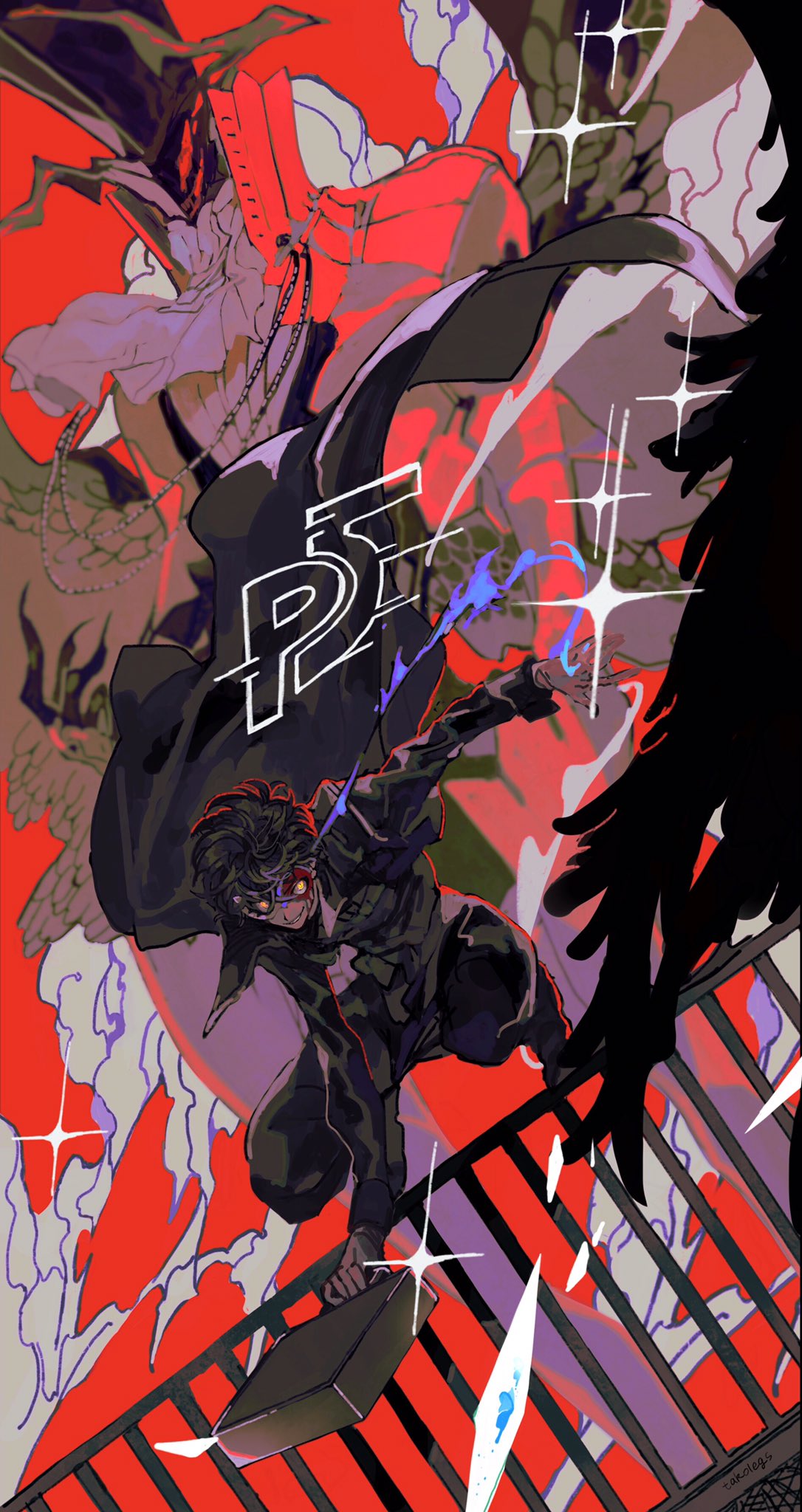 amamiya_ren arsene_lupin_iii black_coat black_hair black_wings briefcase coat endo_(takolegs) gloves glowing glowing_eyes grey_gloves grin highres holding holding_briefcase mask parted_lips persona persona_5 railing signature smile sparkle wings yellow_eyes