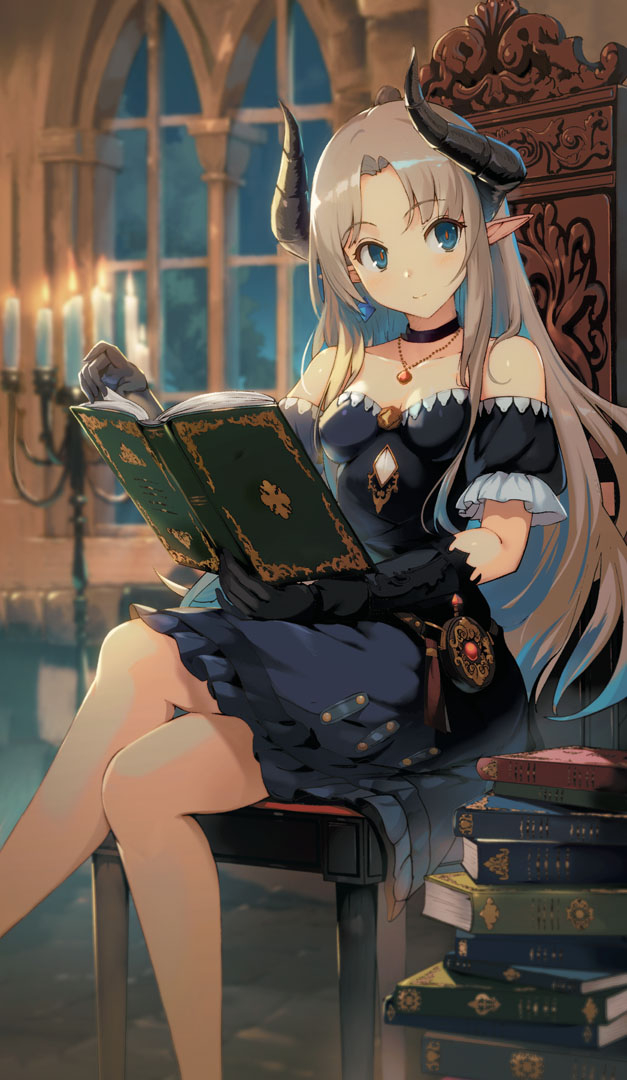 1girl bare_shoulders black_gloves blue_eyes book_stack candle candlestand chair choker crossed_legs dress fantasy gloves grey_hair horns jewelry long_hair necklace original pointy_ears simple_background smile solo yoshitake