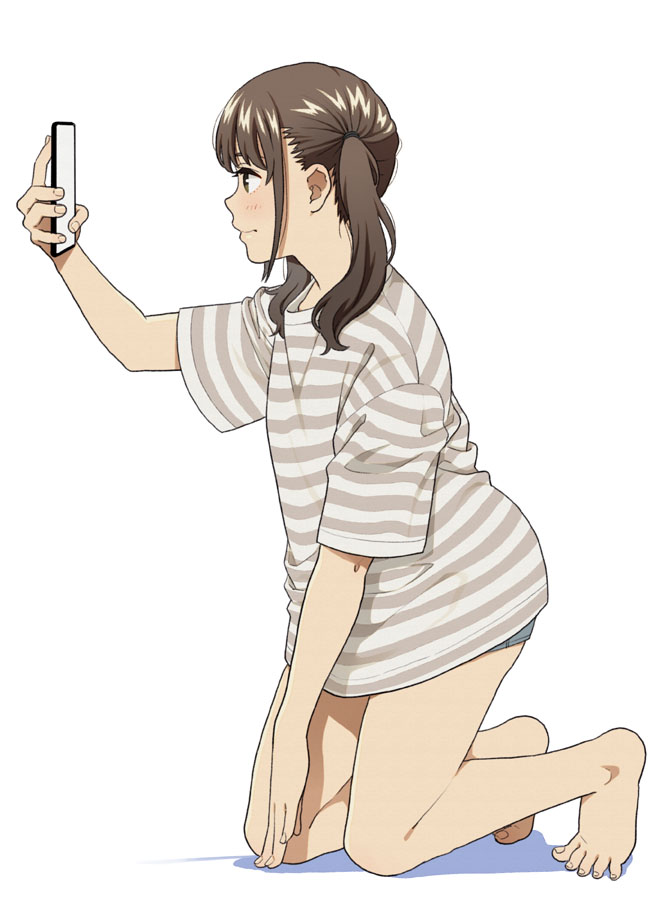 1girl barefoot blush brown_eyes brown_hair cellphone closed_mouth full_body grey_shorts hand_up holding holding_phone kneeling mattaku_mousuke original phone shadow shirt short_shorts shorts smile solo striped striped_shirt twintails white_background