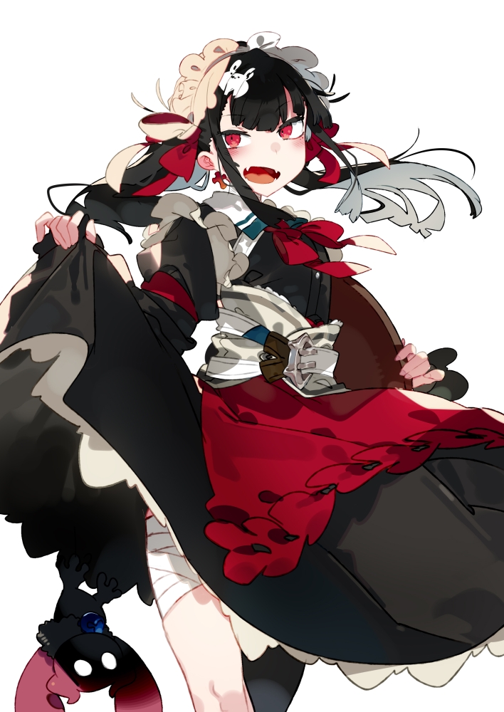 1girl apron bandaged_leg bandages bangs black_dress black_hair blush cross cross_earrings dress earrings eyebrows_visible_through_hair fangs frills hair_ornament hair_ribbon holding holding_tray jewelry karei long_hair maid maid_day open_mouth original red_apron red_eyes red_neckwear ribbon sidelocks simple_background skirt_hold solo tray twintails white_background