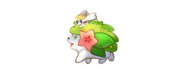 :d black_eyes commentary conmimi creature english_commentary flabebe full_body gen_4_pokemon gen_6_pokemon green_eyes happy mythical_pokemon no_humans open_mouth pokemon pokemon_(creature) riding riding_pokemon shaymin shaymin_(land) signature simple_background smile white_background