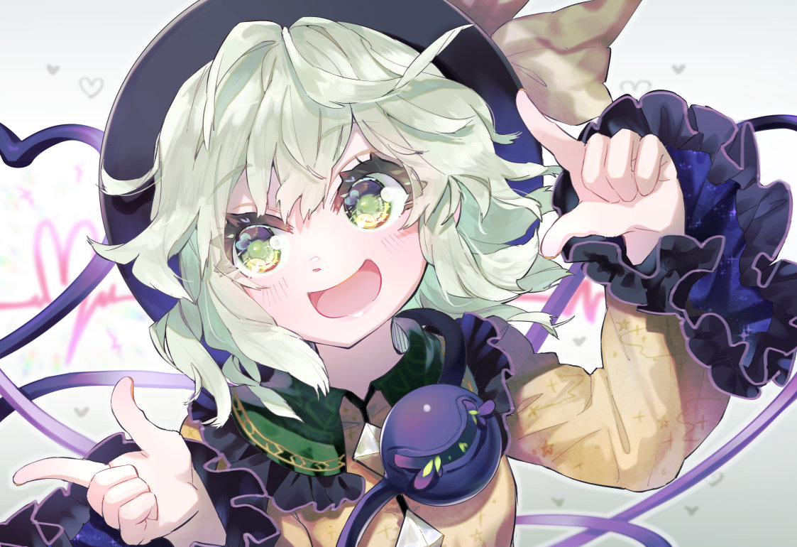 1girl :d bangs black_headwear blush commentary_request eyebrows_visible_through_hair frilled_shirt_collar frilled_sleeves frills green_eyes green_hair grey_background hands_up hat hat_ribbon koishi_day komeiji_koishi long_sleeves looking_at_viewer open_mouth ribbon shirt short_hair smile solo syuri22 third_eye touhou upper_body yellow_shirt