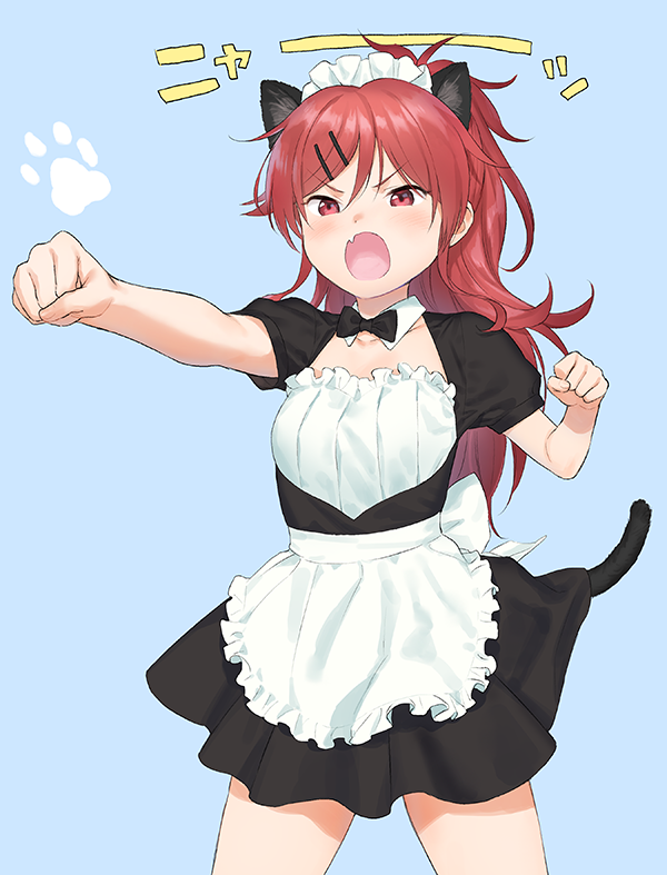 1girl alternate_costume animal_ears apron bangs black_dress blue_background breasts cat_ears cat_girl cat_tail chigusa_asuha clenched_hands commentary_request dress enmaided fang frilled_apron frills hair_between_eyes hair_ornament hairclip long_hair maid maid_headdress open_mouth outstretched_arm parted_bangs pleated_dress puffy_short_sleeves puffy_sleeves qualidea_code red_eyes redhead sekiya_asami short_sleeves simple_background small_breasts solo standing tail v-shaped_eyebrows very_long_hair waist_apron white_apron