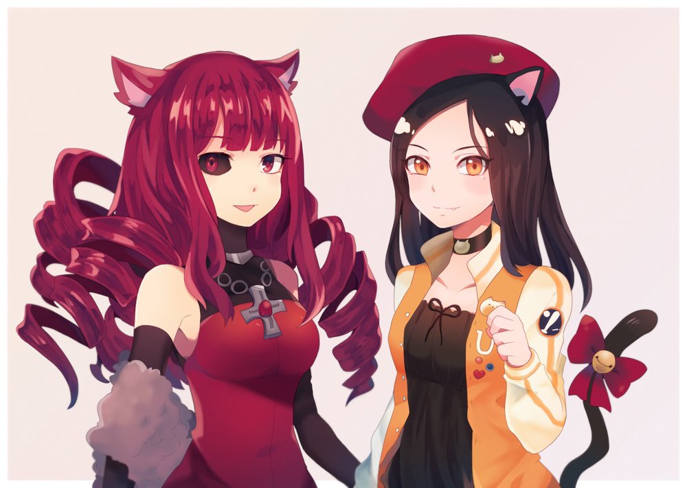 2girls animal_ears artificial_eye bell black_hair black_sclera black_shirt bow cat_ears cat_girl cat_tail choker coffee_talk crossover drill_hair gloves grey_background halter_dress hat jacket letterman_jacket long_hair mechanical_eye mole mole_under_eye momiji_shiori multiple_girls quad_drills rachel_florencia red_eyes red_headwear redhead shirt simple_background stella_hoshii tail va-11_hall-a