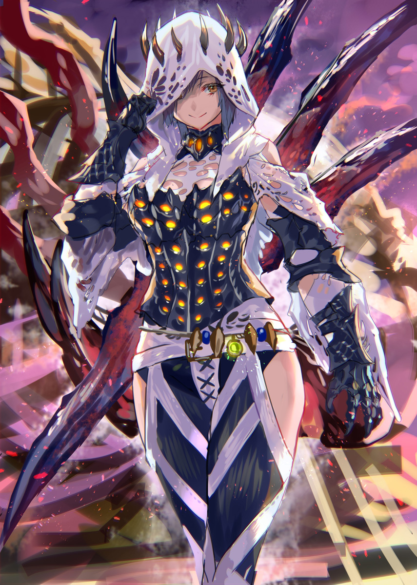 1girl armor closed_fan clouds cloudy_sky eyes_visible_through_hair fan folding_fan gauntlets glowing grey_hair highres hood monster monster_hunter monster_hunter:_world orange_eyes outdoors purple_sky ran'ou_(tamago_no_kimi) short_hair sky smile solo steam torn_clothes