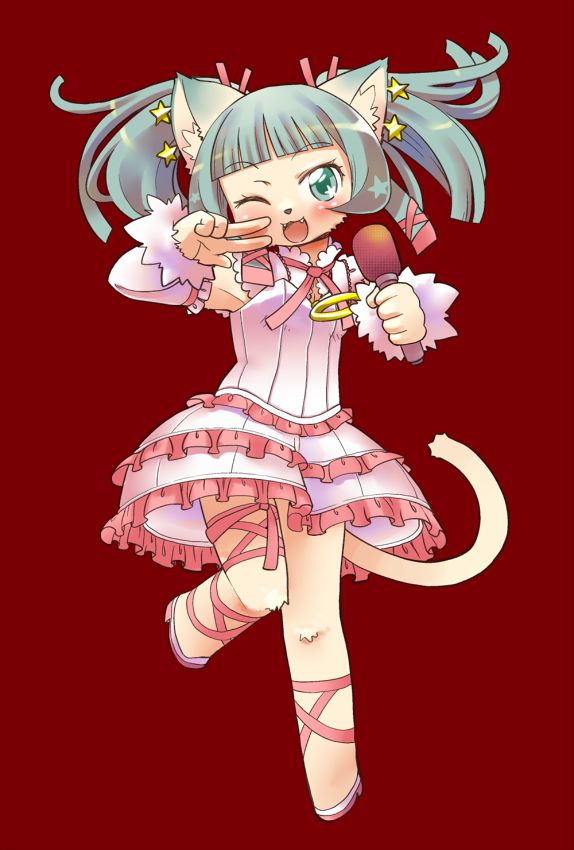 1girl animal_ear_fluff animal_ears animal_nose armpits blush cat cat_ears cat_girl cat_tail commentary_request dangan fangs full_body furry green_eyes green_hair holding holding_microphone kokomine_cocona leg_up looking_at_viewer microphone one_eye_closed open_mouth red_background simple_background solatorobo solo tail twintails v yellow_fur