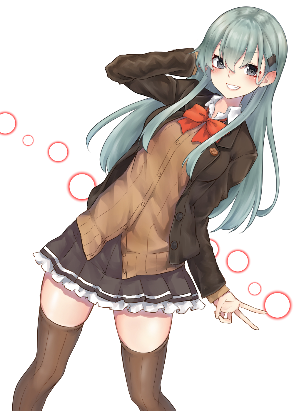 1girl aqua_eyes aqua_hair arm_up blush bow bowtie breasts brown_jacket brown_legwear brown_skirt cardigan eyebrows_visible_through_hair frilled_skirt frills hair_ornament hairclip highres jacket kamidanomi kantai_collection large_breasts long_hair long_sleeves looking_at_viewer open_cardigan open_clothes pleated_skirt red_neckwear remodel_(kantai_collection) school_uniform shirt skirt smile solo suzuya_(kantai_collection) teeth thigh-highs white_shirt