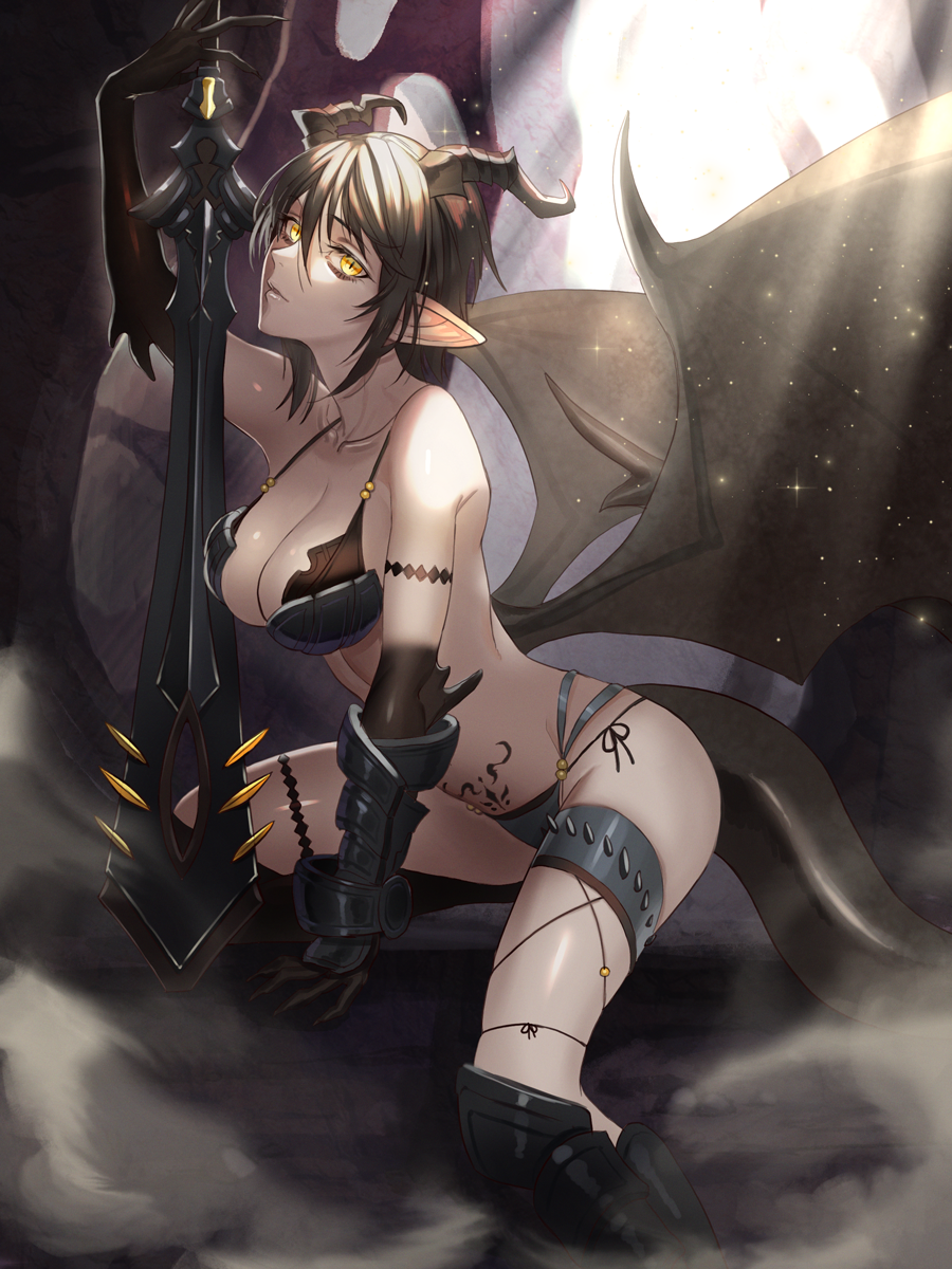 1girl armor bikini_armor black_hair breasts collarbone commentary_request demon_girl demon_horns demon_tail demon_wings fingernails gauntlets highres holding holding_sword holding_weapon horns kyo_niku large_breasts looking_at_viewer original planted_sword planted_weapon pointy_ears pubic_tattoo revealing_clothes sharp_fingernails short_hair single_gauntlet slit_pupils sword tail tattoo thigh_strap weapon wings yellow_eyes