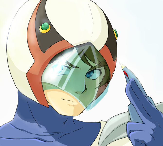 1boy amy_(pixiv665283) blue_eyes blue_gloves brown_hair closed_mouth gatchaman gloves hand_up helmet ken_the_eagle looking_at_viewer male_focus oldschool simple_background smile solo visor weapon white_background