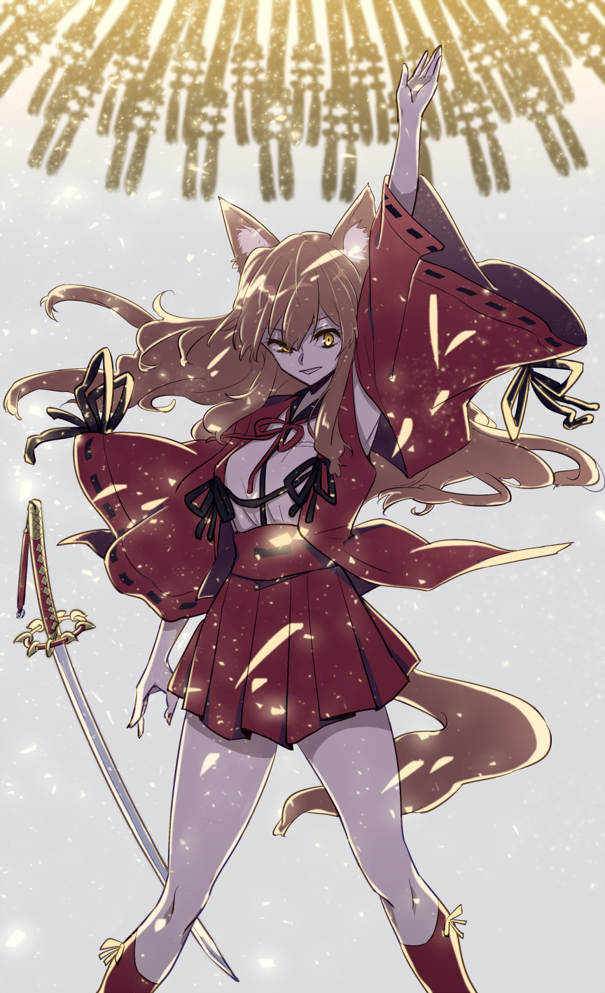 1girl animal_ear_fluff animal_ears arms_up bangs breasts fate/extra fate/extra_ccc fate/extra_ccc_fox_tail fate/grand_order fate_(series) fox_ears fox_girl fox_tail highres japanese_clothes katana kimono kodamari large_breasts light_brown_hair long_hair long_sleeves looking_at_viewer open_clothes open_kimono red_kimono red_skirt skirt smile suzuka_gozen_(fate) sword tail thighs weapon wide_sleeves yellow_eyes